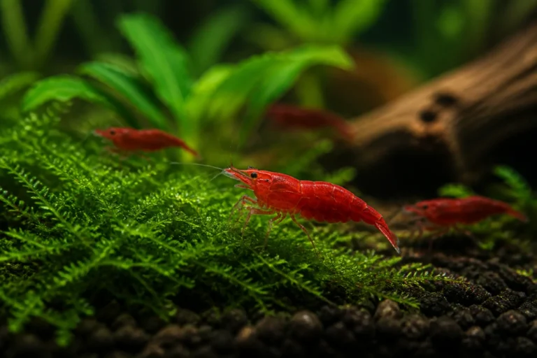 Camarão Neocaridina vermelho sobre musgo em aquário plantado, com outros camarões ao fundo.