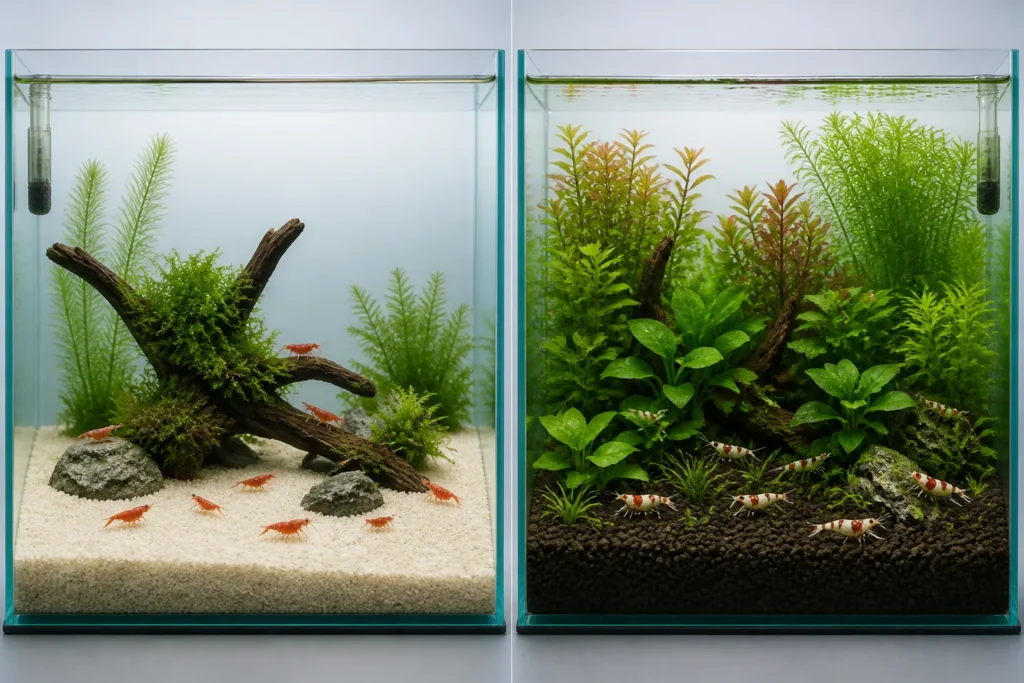 Substrato Inerte vs. Substrato Fértil: Comparação visual entre substrato inerte e substrato fértil em aquários de camarões, mostrando diferenças de cor e plantio